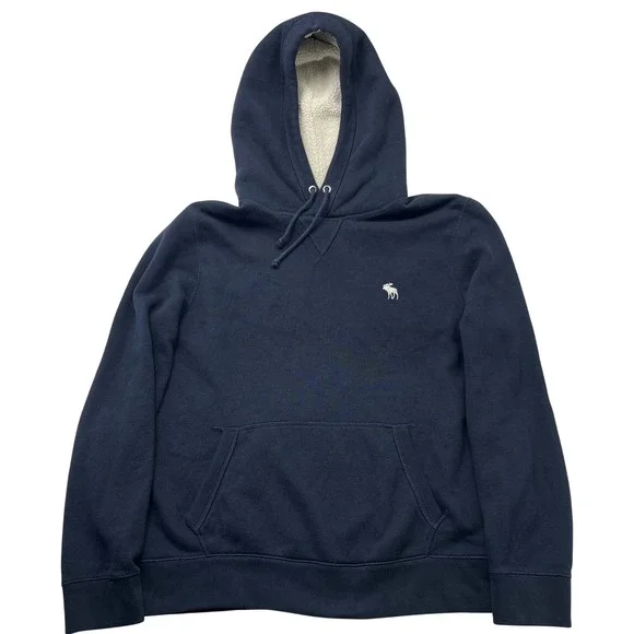 Abercrombie & Fitch Mens Moose Pullover Sweatshirt Navy Blue Sherpa Hood Size L - Picture 2 of 8